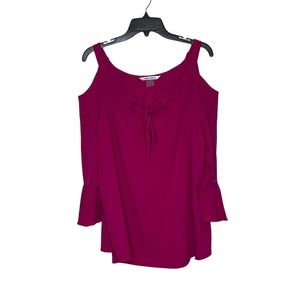 Nygard Pink Cold Shoulder Stretch Tie‎ Top Lined 3/4 Flared Sleeve Women Large